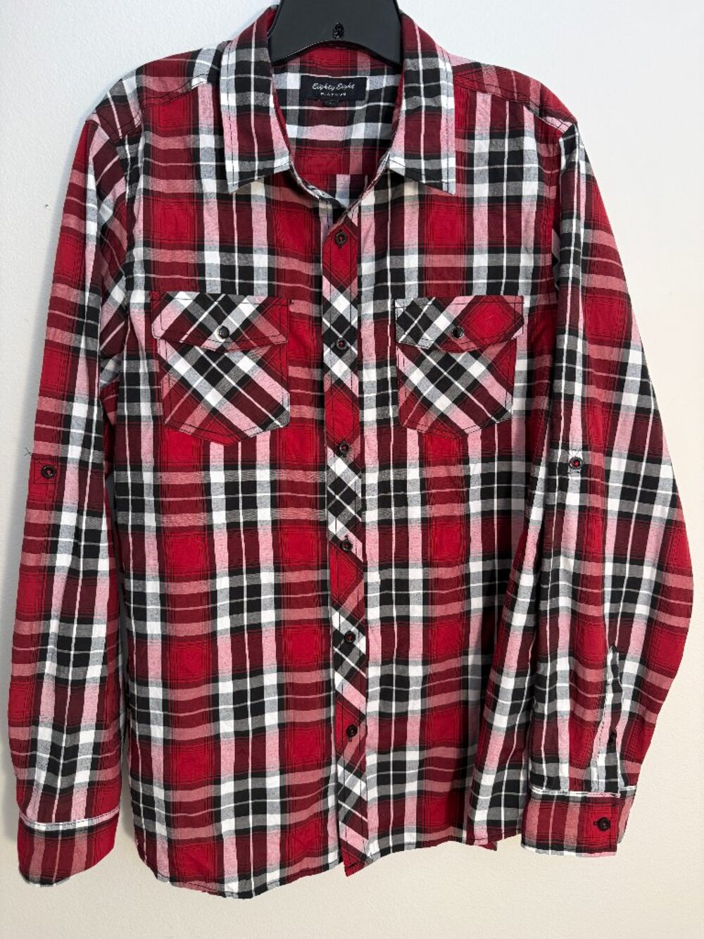 Eighty Eight Shirt Mens Large Long Roll-Tab Sleeves Pearl Snap Pockets Red Plaid